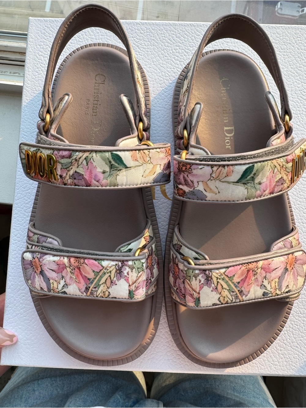 Dior Dioract Floral Print Leather Slingback Sandals in Pink and Cream